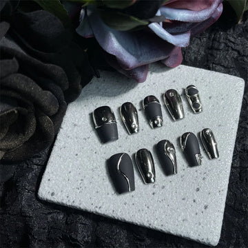 Qfdian 10Pcs Black Handmade Press on Nails Coffin Fake Nails Full Cover Gradient Metal Cool Artificial False Wearable Nail Tips Girl